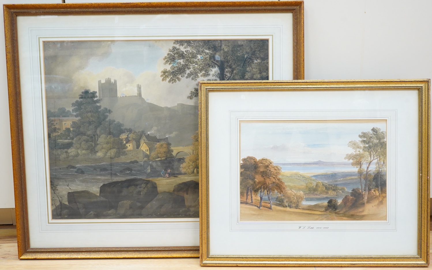 William Leighton Leitch (1804-1883), Landscape, unsigned, inscribed to the mount, together with another 19th century watercolour, Riverscape with anglers before castle walls, unsigned, largest 42 x 53cm